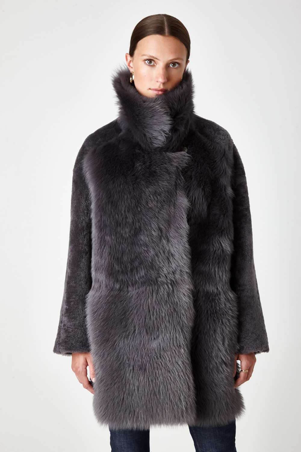 Relaxed Fit Mixed Shearling Coat In Grey Women Gushlow And Cole Relaxed Fit Mixed Shearling Coat In Grey Women Gushlow And Cole