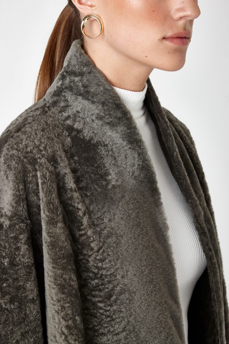 Stand Collar Shearling Coat in Khaki | Women | Gushlow & Cole 5
