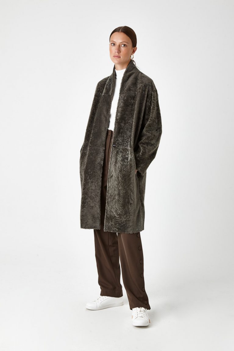 Stand Collar Shearling Coat in Khaki | Women | Gushlow & Cole 4