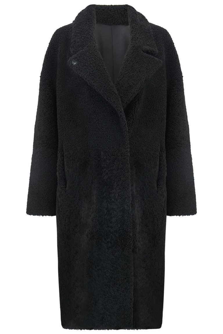 Notch Collar Black Shearling Over Coat | Women | Gushlow and Cole cut out