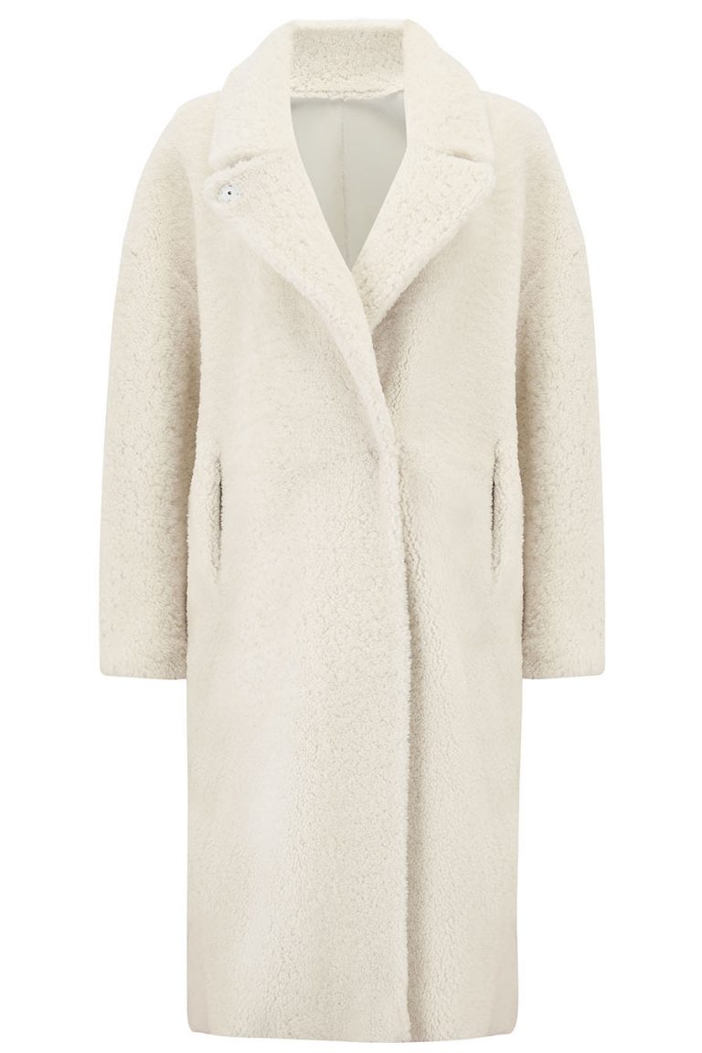 Notch Collar Shearling Coat in White | Women | Gushlow & Cole cut out