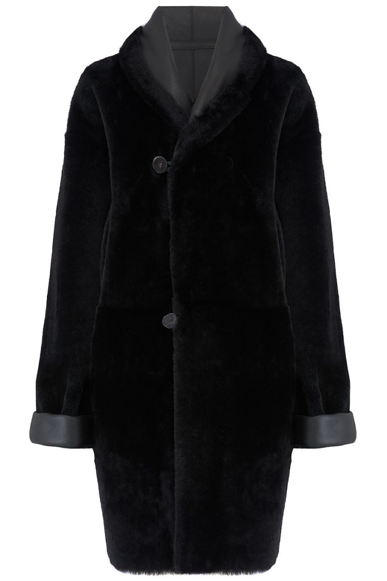 Oversized Shearling Shawl Coat in Black | Women | Gushlow & Cole 1