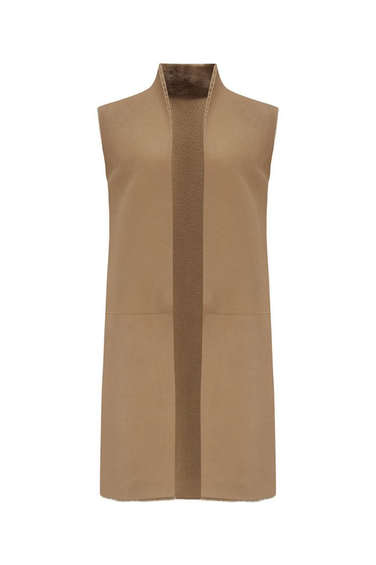 Wool and Shearling Crombie Gilet in Camel | Women | Gushlow & Cole 3