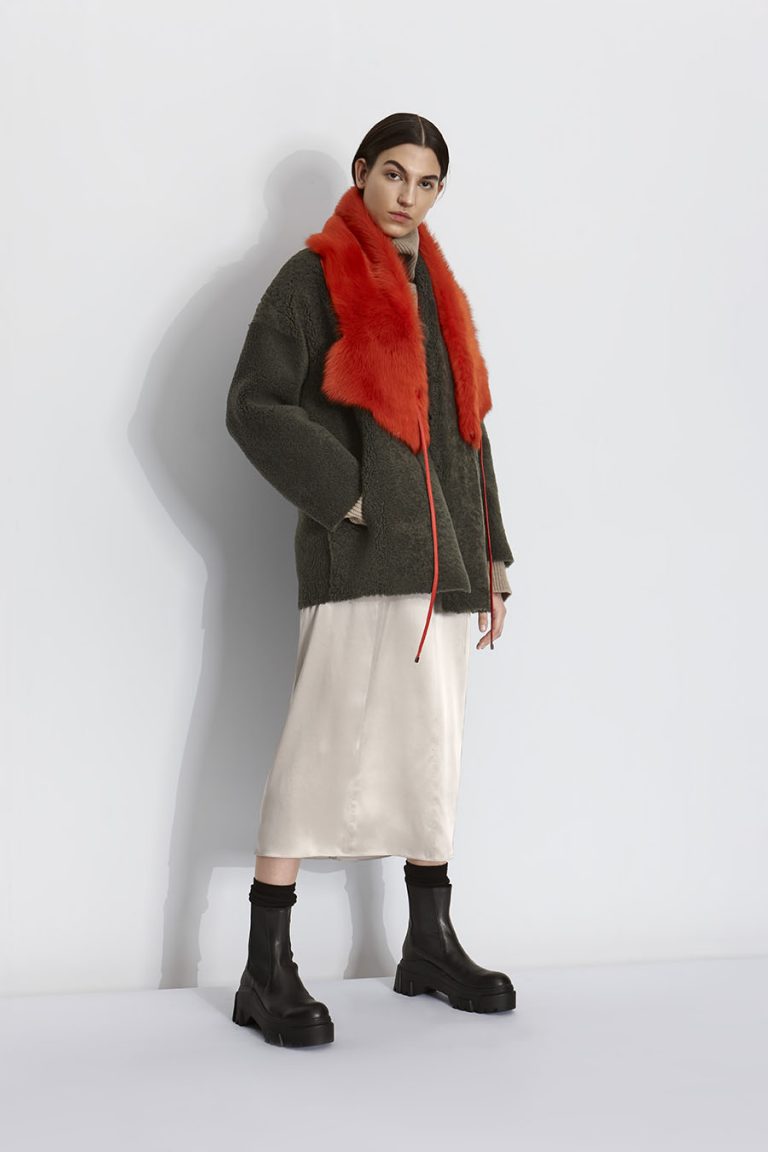 Shearling Shawl Scarf in Furnace Orange | Women | Gushlow & Cole model