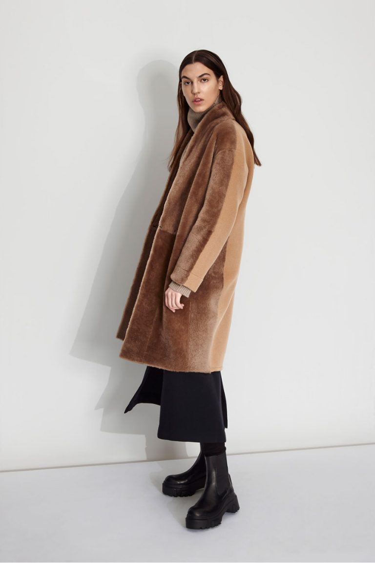 Wool and Shearling Crombie Coat in Camel | Women | Gushlow & Cole 4