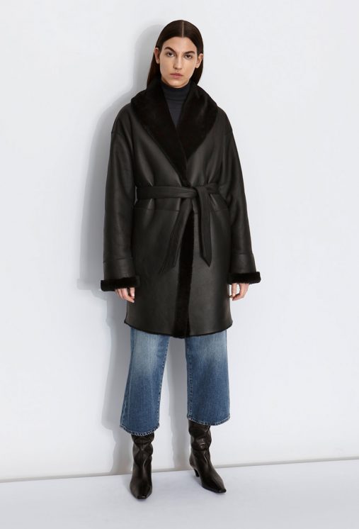 Oversized Shearling Shawl Coat in Black | Women | Gushlow & Cole