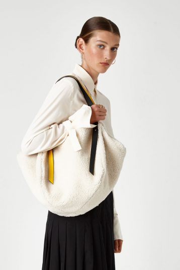 Leather Trimmed Shearling Shoulder Bag in White | Handbags | Gushlow & Cole 5