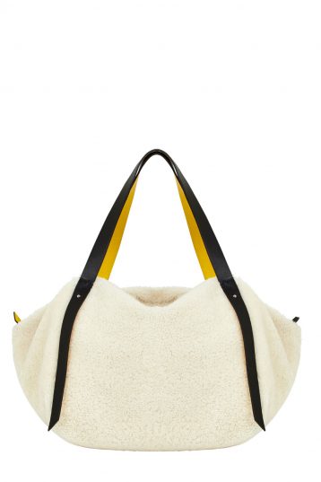 Leather Trimmed Shearling Shoulder Bag in White | Handbags | Gushlow & Cole