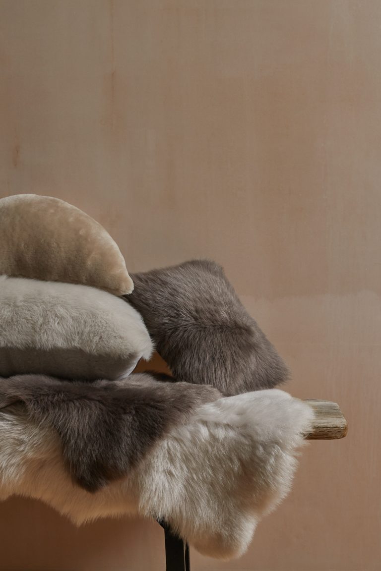 Large Toscana Sheepskin Cushion in taupe gushlow and cole homeware lifestyle