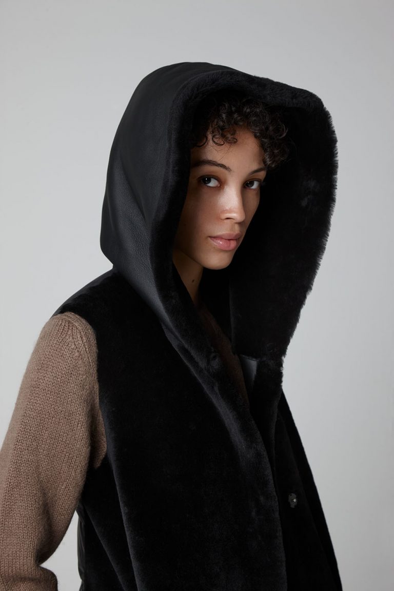 Black Long Down Back Shearling Hooded Gilet - model crop - women | gushlow & cole