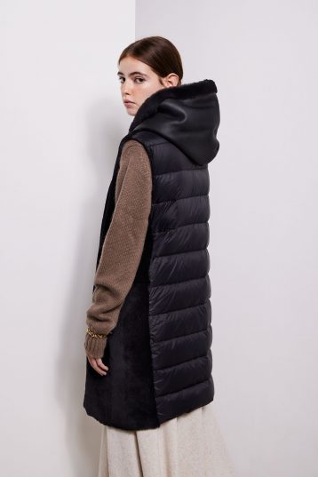 Black Long Down Back Shearling Hooded Gilet - model crop back - women | gushlow & cole