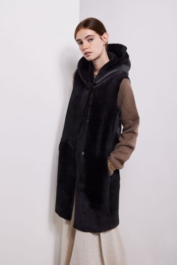 Black Long Down Back Shearling Hooded Gilet - model crop front - women | gushlow & cole