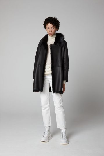 Black Relaxed Fit Mixed Shearling Taper Coat - model full length wool in - women | Gushlow & Cole