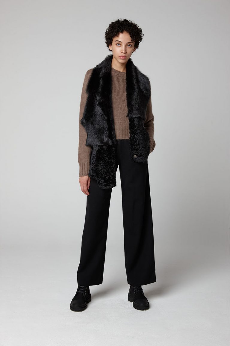 Black Shearling Gilet Scarf - model full length - women | Gushlow & Cole