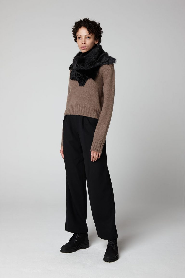 Black Shearling Gilet Scarf - model full length snood - women | Gushlow & Cole