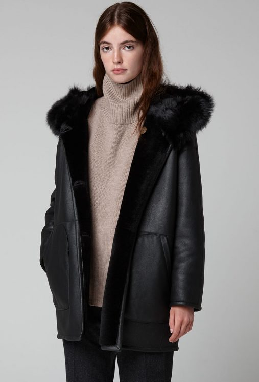 Black Shearling Hooded Parka Coat | Womens | Gushlow & Cole