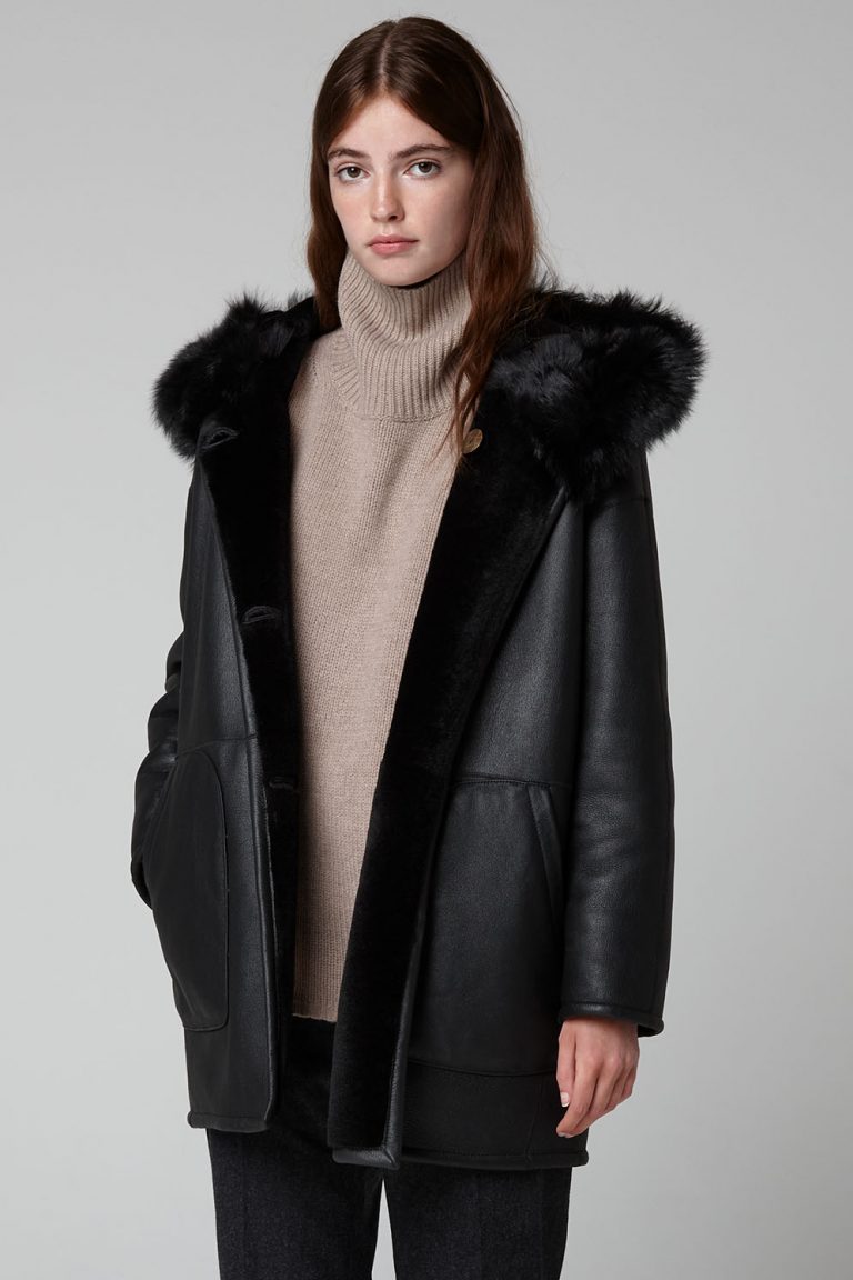 black Shearling Hooded Parka Coat - model wool in crop - women | gushlow & cole
