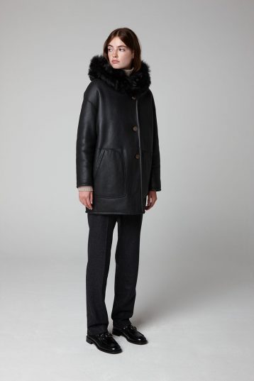 black Shearling Hooded Parka Coat - model wool in full length - women | gushlow & cole