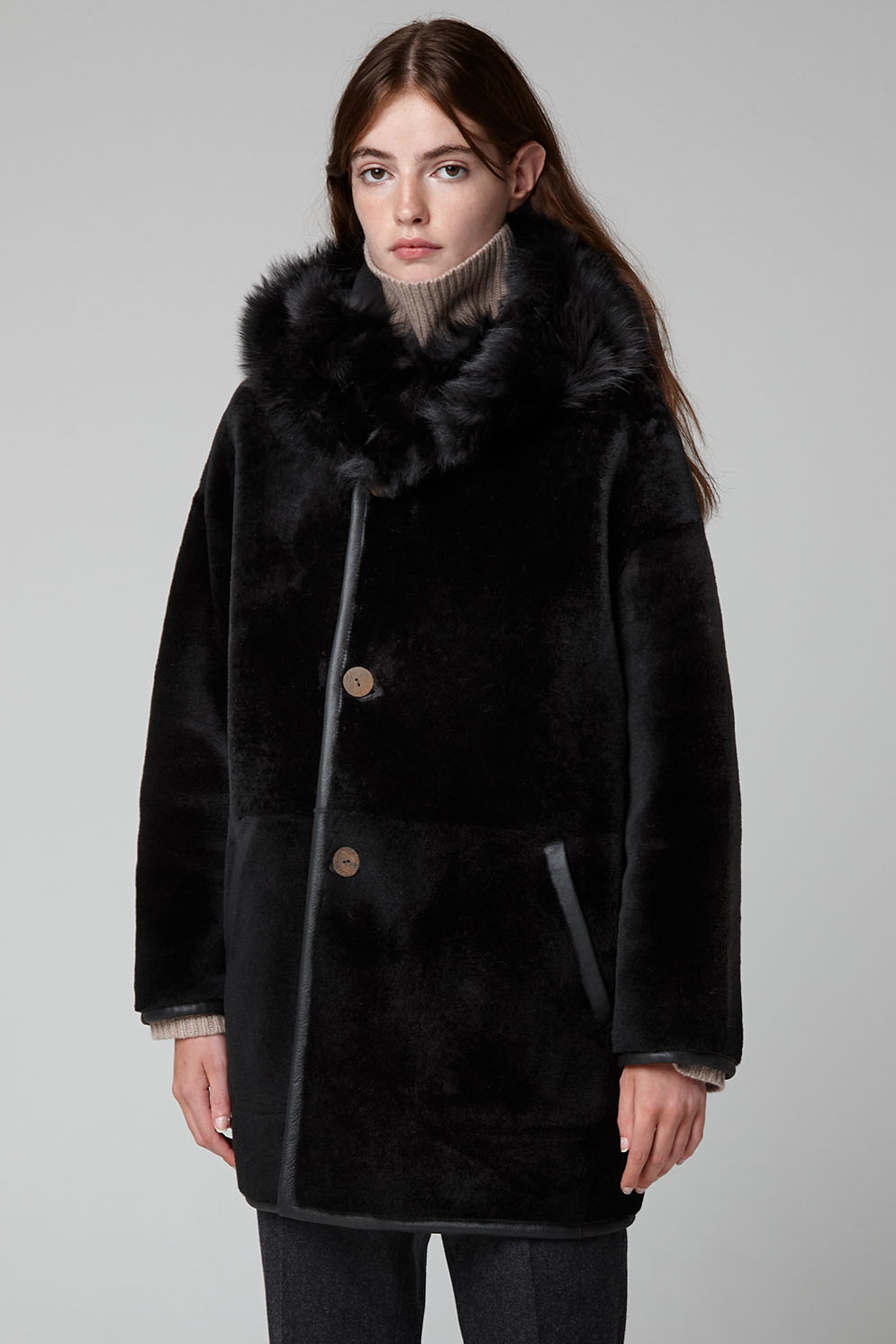 Black Shearling Hooded Parka Coat | Womens | Gushlow & Cole