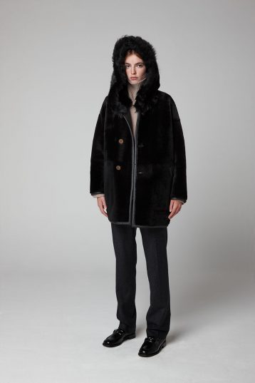 black Shearling Hooded Parka Coat - model wool out full length - women | gushlow & cole