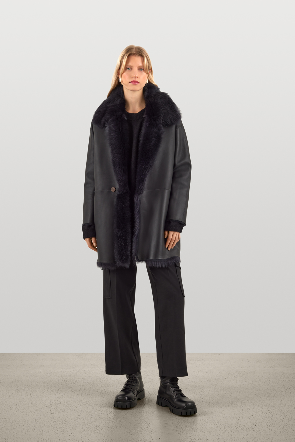 Black Shearling Taper Coat | Womens Luxury Shearling | Gushlow & Cole | model full length front reverse