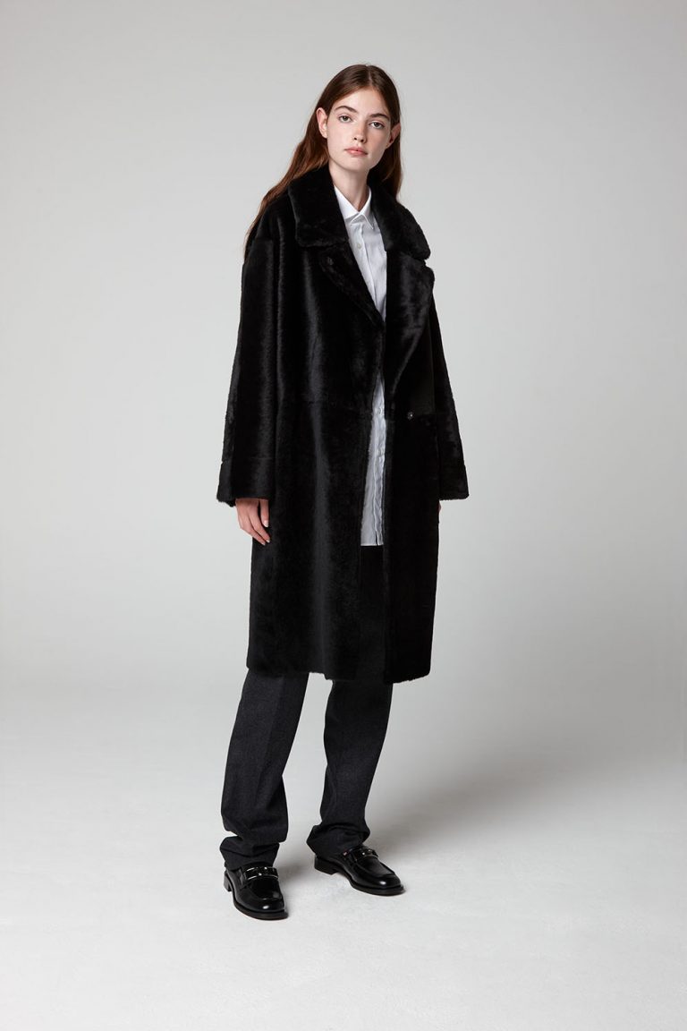 Black Shearling Trench Coat - model full length open - women | Gushlow & Cole