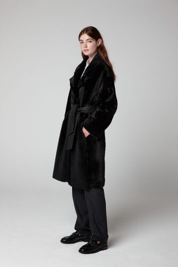 Black Shearling Trench Coat - model full length tied - women | Gushlow & Cole