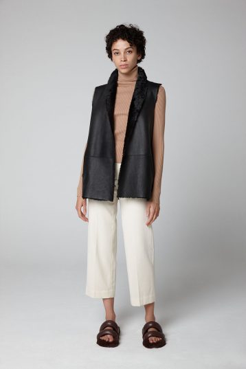 Black Short Crombie Shearling Gilet - model full length wool in - women | gushlow & cole