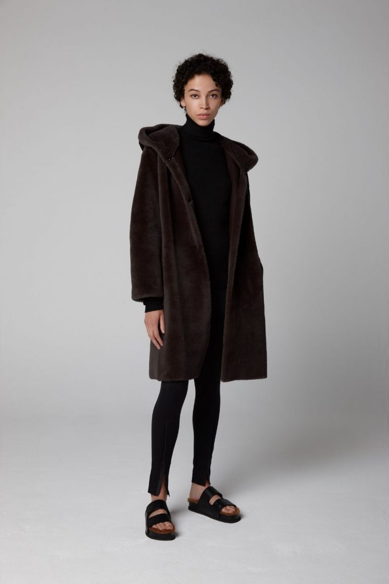 Brown Hooded Shearling Coat - full length open wool out - women | Gushlow & Cole