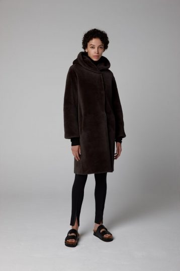 Brown Hooded Shearling Coat - full length closed wool out - women | Gushlow & Cole