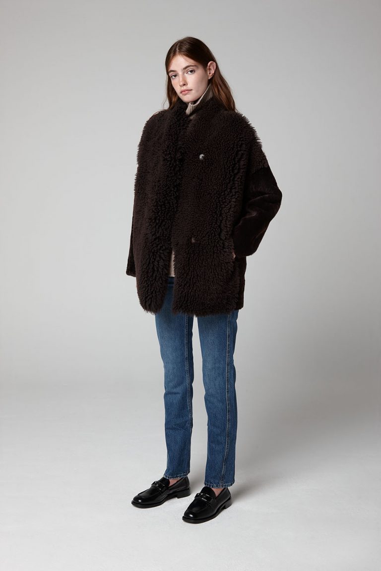 Brown Mixed Shearling Cocoon Coat - model full length front wool out - women | gushlow & cole