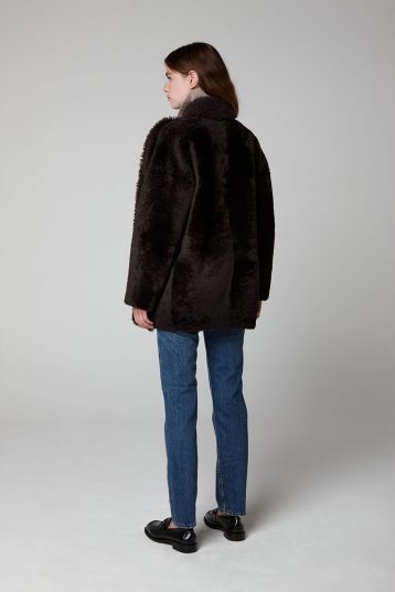 Brown Mixed Shearling Cocoon Coat - model full length back wool out - women | gushlow & cole
