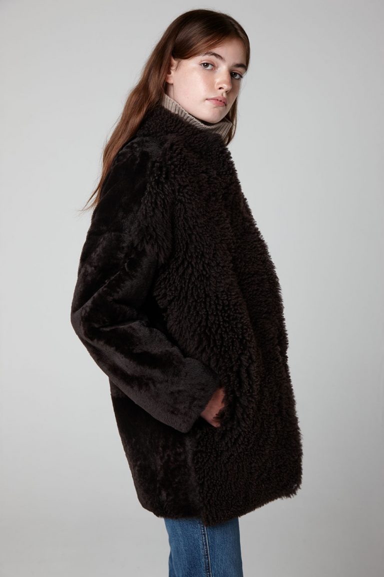 Brown Mixed Shearling Cocoon Coat - model crop side wool out - women | gushlow & cole