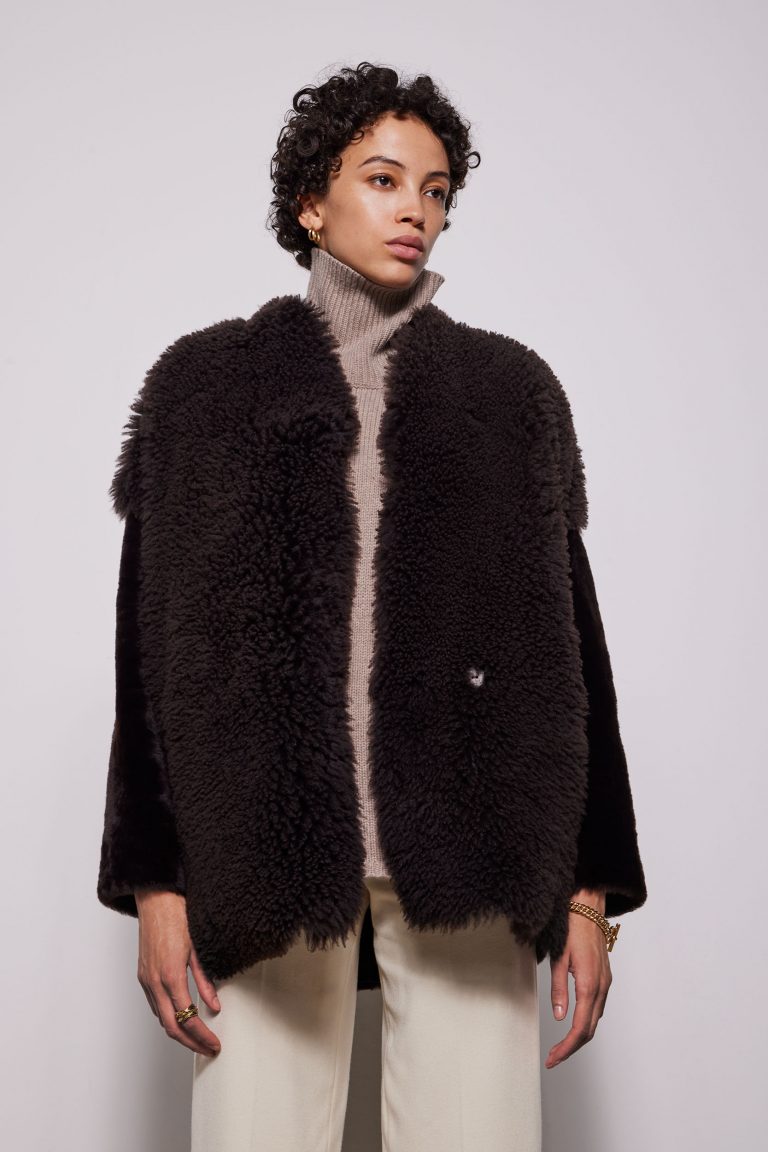 Brown Mixed Shearling Cocoon Coat - model crop wool out - women | gushlow & cole