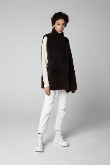 Brown Mid Length Rough Cut Shearling Gilet - model full length - women | gushlow & cole