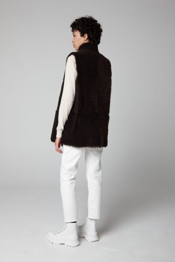 Brown Mid Length Rough Cut Shearling Gilet - model full length back - women | gushlow & cole