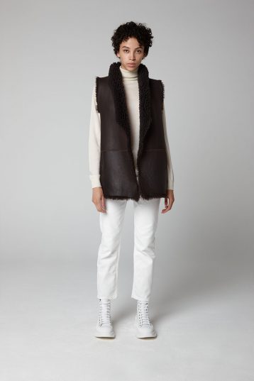 Brown Mid Length Rough Cut Shearling Gilet - model full length wool in - women | gushlow & cole