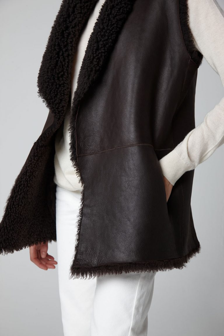 Brown Mid Length Rough Cut Shearling Gilet - model crop - women | gushlow & cole