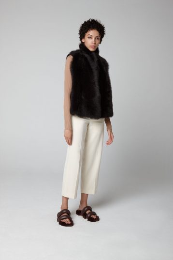 Brown Rough Cut Shearling Gilet - model full length wool out - women | gushlow & cole