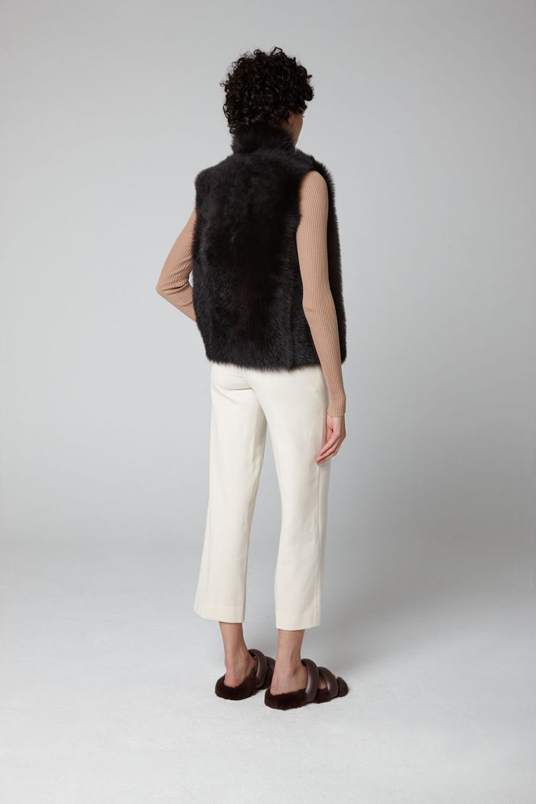 Brown Rough Cut Shearling Gilet - model full length wool out back - women | gushlow & cole