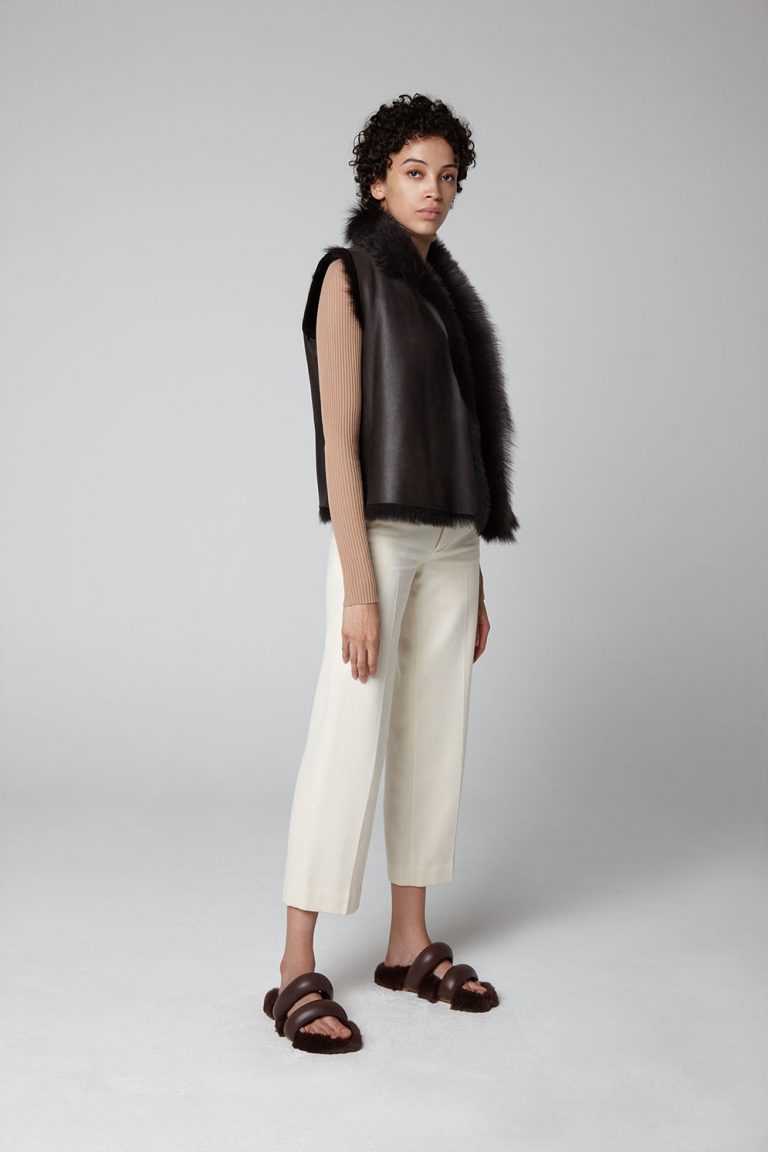 Brown Rough Cut Shearling Gilet - model full length wool in - women | gushlow & cole