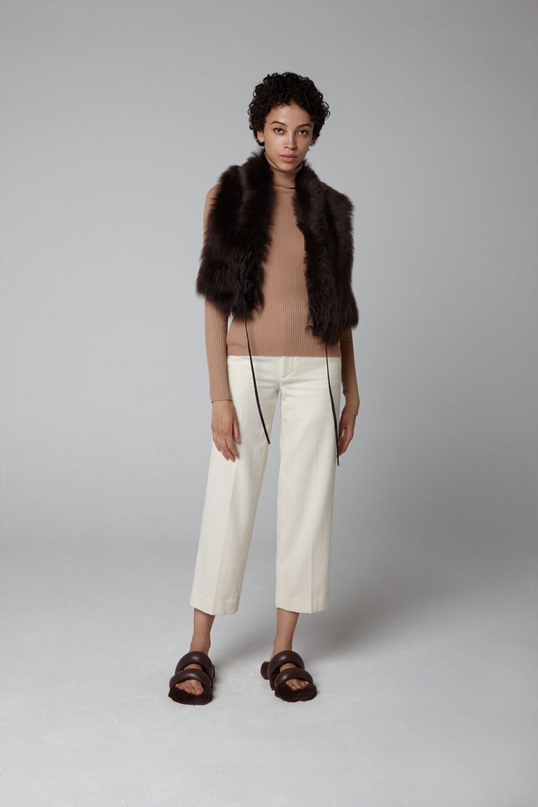 Brown Shearling Shawl Scarf - model full length shawl - women | Gushlow & Cole