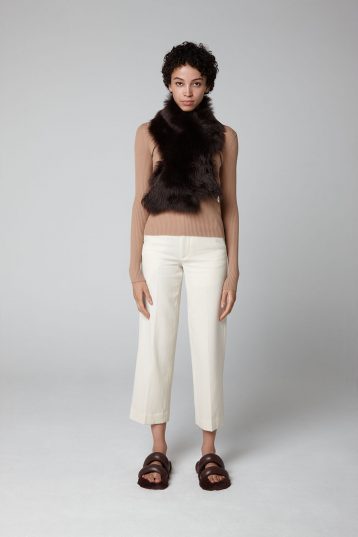 Brown Shearling Shawl Scarf - model full length cross - women | Gushlow & Cole