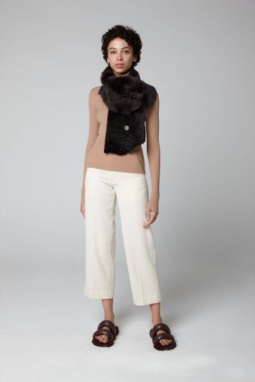 Brown Small Shearling Double Shawl Scarf - model full length - women | Gushlow & Cole
