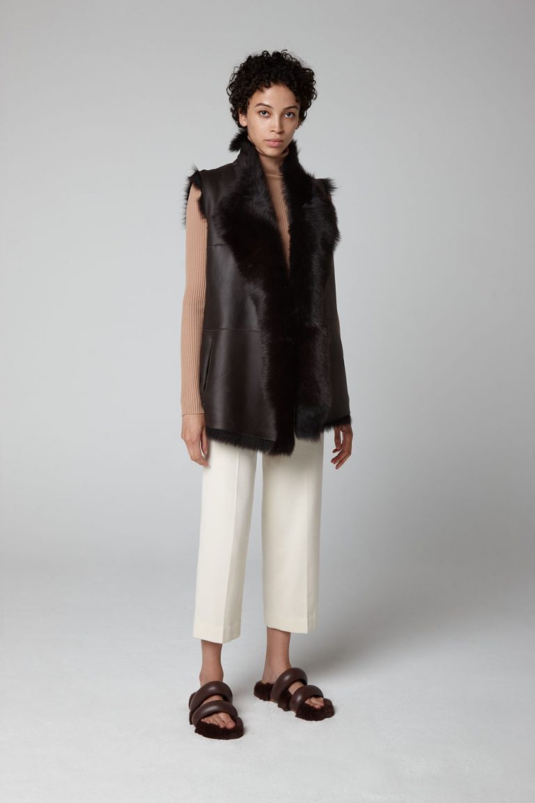 Brown Straight Edge Toscana Shearling Gilet - model full length wool in - women | gushlow & cole