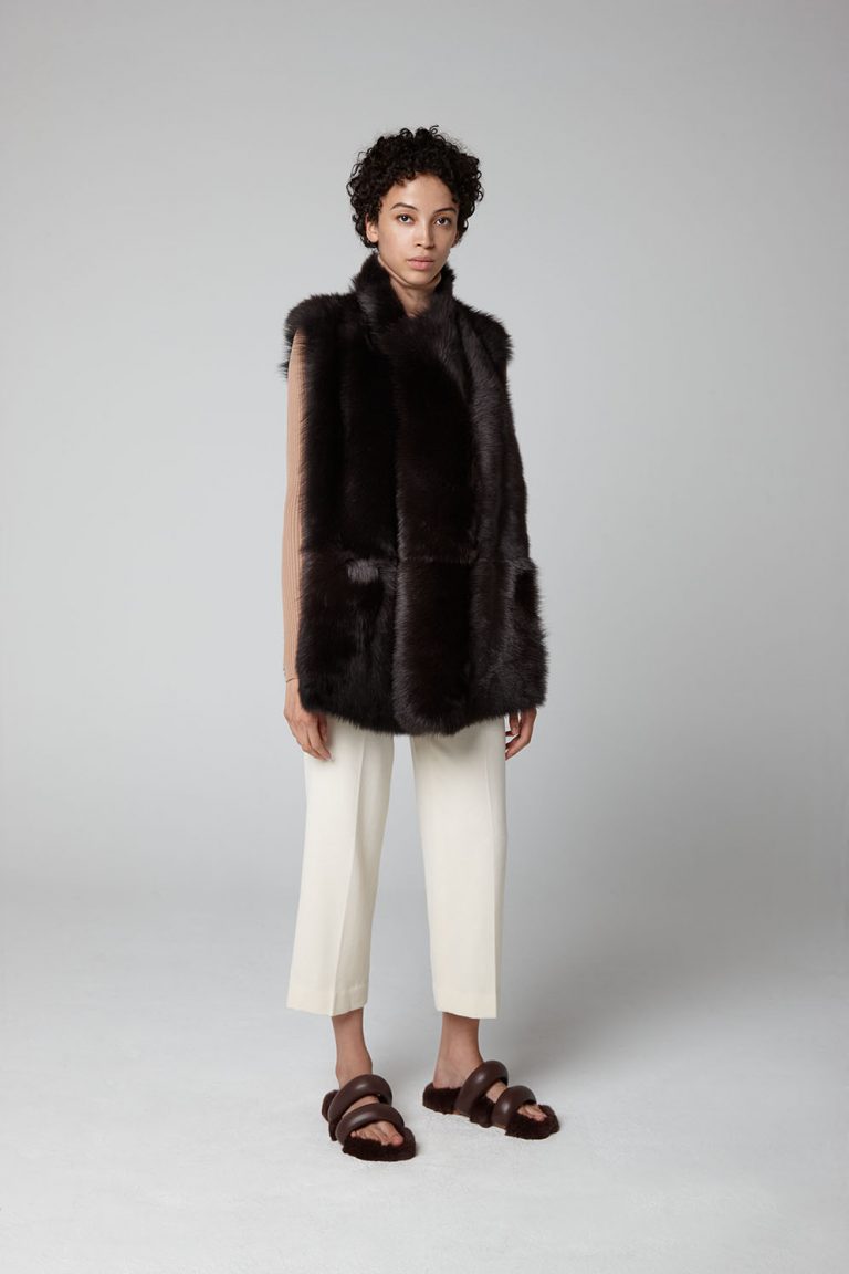 Brown Straight Edge Toscana Shearling Gilet - model full length wool out - women | gushlow & cole