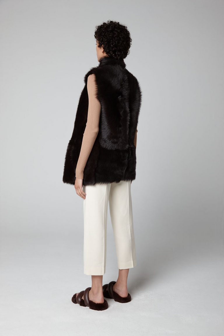 Brown Straight Edge Toscana Shearling Gilet - model full length back wool in - women | gushlow & cole