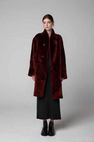 Burgundy Turned Edge Stand Collar Shearling Coat - model full length wool out - women | Gushlow & Cole