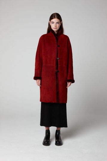 Burgundy Turned Edge Stand Collar Shearling Coat - model full length wool in - women | Gushlow & Cole