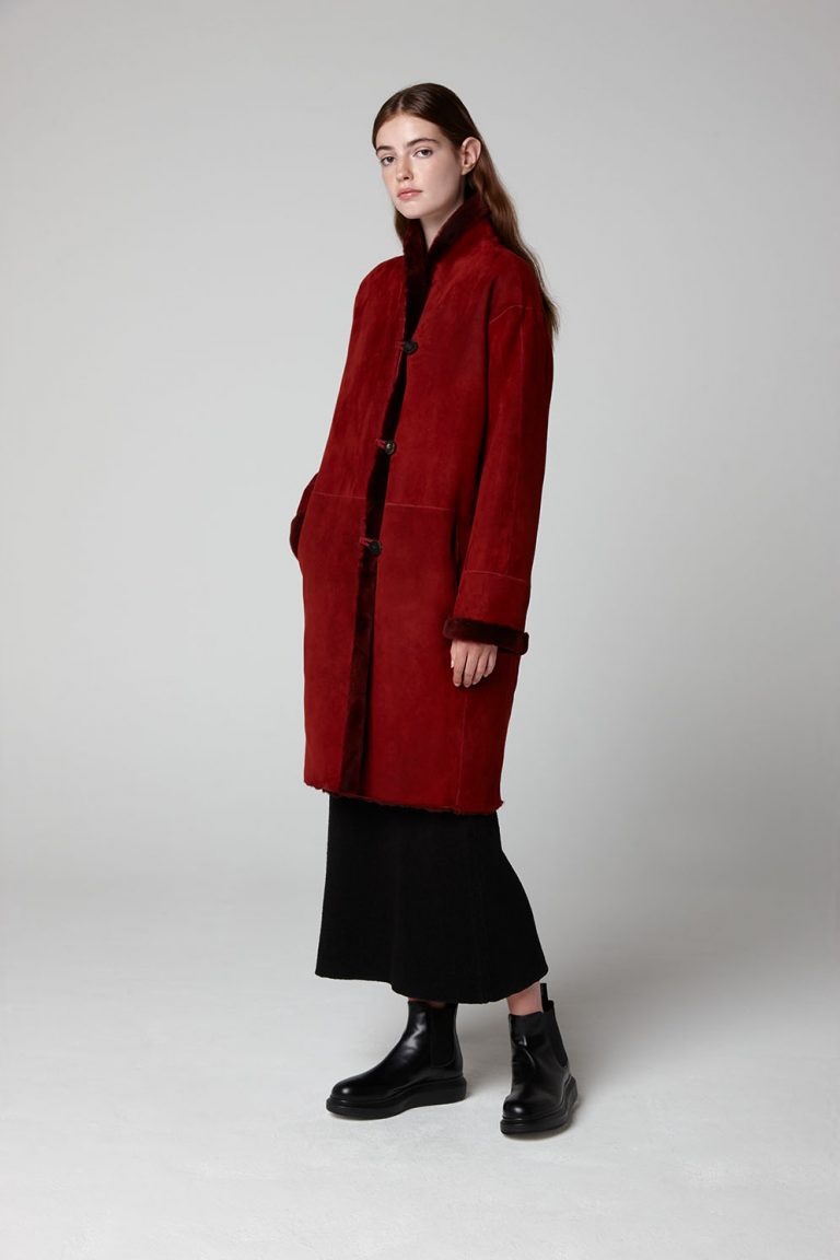 Burgundy Turned Edge Stand Collar Shearling Coat - model full side length wool out - women | Gushlow & Cole